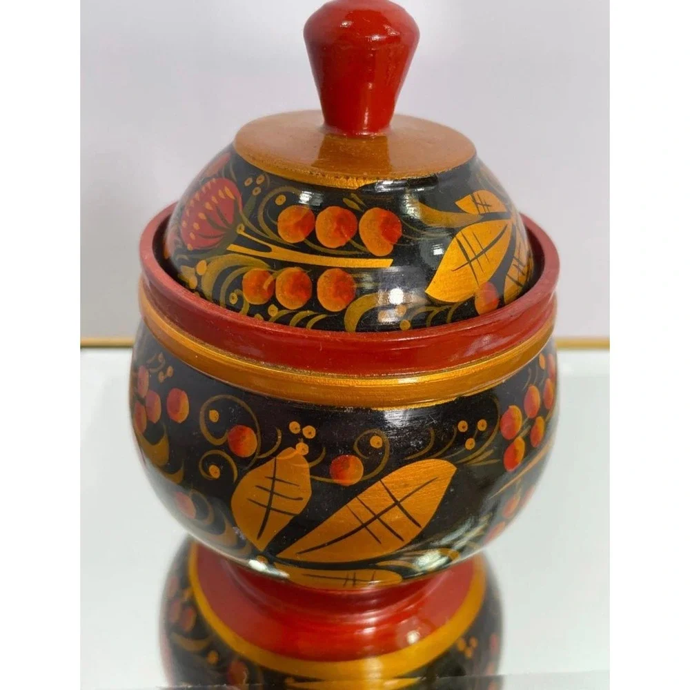 Vintage Russian Khokhloma Painted Lidded Bowl with Spoons Floral Folk Art‎ Set